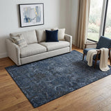 5' X 8' Navy Blue And Charcoal Damask Washable Area Rug With UV Protection