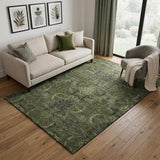 5' X 8' Olive Green And Charcoal Damask Washable Area Rug With UV Protection