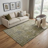5' X 8' Taupe Gold And Beige Damask Washable Area Rug With UV Protection