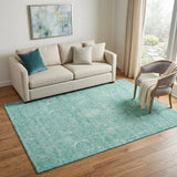 5' X 8' Aqua And Ivory Damask Washable Area Rug With UV Protection