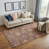 5' X 8' Terra Cotta And Blue Damask Washable Area Rug With UV Protection