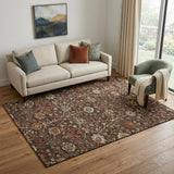 5' X 8' Chocolate Red And Copper Floral Washable Area Rug With UV Protection