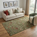 5' X 8' Fern Green Red And Ivory Floral Washable Area Rug With UV Protection