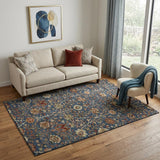 5' X 8' Navy Blue Red And Green Floral Washable Area Rug With UV Protection