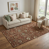 5' X 8' Rust Red And Beige Floral Washable Area Rug With UV Protection