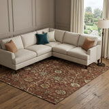 8' X 10' Rust Red And Beige Floral Washable Area Rug With UV Protection
