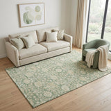 5' X 8' Artichoke Green And Beige Floral Washable Area Rug With UV Protection