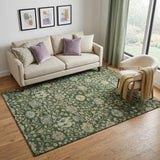 5' X 8' Green And Beige Floral Washable Area Rug With UV Protection