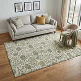 5' X 8' Ivory Fern Green And Beige Floral Washable Area Rug With UV Protection