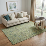 5' X 8' Mint Green Beige And Teal Floral Washable Area Rug With UV Protection