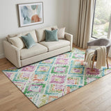 5' X 8' Teal Ivory Green And Purple Geometric Washable Area Rug With UV Protection