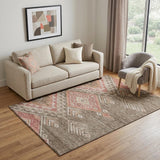 5' X 8' Brown Salmon And Ivory Geometric Washable Area Rug With UV Protection