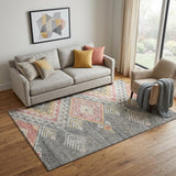 5' X 8' Gray Gold And Salmon Geometric Washable Area Rug With UV Protection