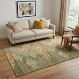 5' X 8' Green Gold And Salmon Geometric Washable Area Rug With UV Protection
