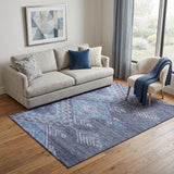 5' X 8' Navy Blue And Silver Geometric Washable Area Rug With UV Protection