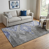 5' X 8' Pewter Blue And Gray Geometric Washable Area Rug With UV Protection
