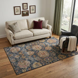 5' X 8' Navy Blue And Copper Damask Washable Area Rug With UV Protection