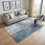 5' X 8' Blue Ivory And Gray Abstract Washable Area Rug With UV Protection