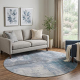 8' Blue Ivory And Gray Abstract Washable Round Rug With UV Protection