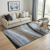 5' X 8' Brown Blue And Silver Abstract Washable Area Rug With UV Protection