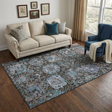 5' X 8' Chocolate And Teal Damask Washable Area Rug With UV Protection