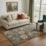 5' X 8' Navy Blue Coral And Gold Damask Washable Area Rug With UV Protection