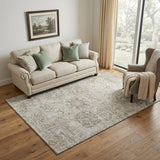 5' X 8' Ivory And Gray Damask Washable Area Rug With UV Protection
