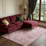 8' X 10' Pink Gray And Ivory Damask Washable Area Rug With UV Protection