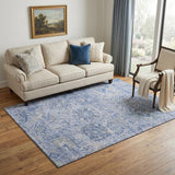 5' X 8' Sky Blue Gray And Ivory Damask Washable Area Rug With UV Protection