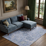 8' X 10' Sky Blue Gray And Ivory Damask Washable Area Rug With UV Protection