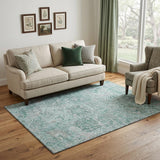 5' X 8' Teal Gray And Ivory Damask Washable Area Rug With UV Protection