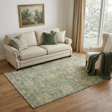 5' X 8' Sage And Gold Damask Washable Area Rug With UV Protection