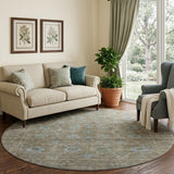 8' Brown And Blue Oriental Washable Round Rug With UV Protection