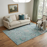 5' X 8' Aqua Beige And Taupe Floral Washable Area Rug With UV Protection