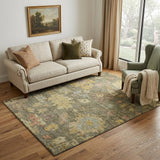 5' X 8' Artichoke Green Gold And Gray Floral Washable Area Rug With UV Protection