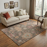 5' X 8' Brown Beige And Coral Floral Washable Area Rug With UV Protection