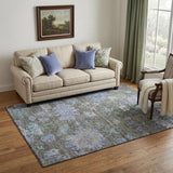 5' X 8' Taupe Blue And Brown Floral Washable Area Rug With UV Protection