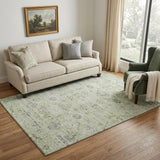 5' X 8' Artichoke Green Gray And Silver Damask Washable Area Rug With UV Protection