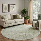 8' Artichoke Green Gray And Silver Damask Washable Round Rug With UV Protection