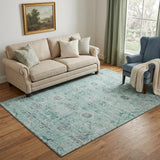 5' X 8' Teal Silver And Gray Damask Washable Area Rug With UV Protection