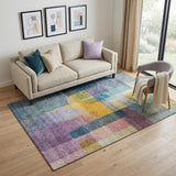 5' X 8' Blue Gold And Purple Abstract Washable Area Rug With UV Protection