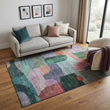 5' X 8' Green Orange Purple And Teal Abstract Geometric Washable Area Rug With UV Protection