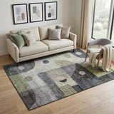 5' X 8' Artichoke Green Silver And Gray Geometric Washable Area Rug With UV Protection