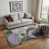 5' X 8' Olive Green Purple And Brown Geometric Washable Area Rug With UV Protection