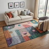5' X 8' Orange Teal And Purple Geometric Washable Area Rug With UV Protection