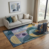 5' X 8' Blue Gold And Purple Abstract Geometric Washable Area Rug With UV Protection