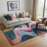 5' X 8' Green Pink Purple And Teal Abstract Washable Area Rug With UV Protection
