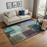 5' X 8' Brown Blue And Green Abstract Geometric Washable Area Rug With UV Protection