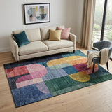 5' X 8' Green Blue And Pink Abstract Geometric Washable Area Rug With UV Protection
