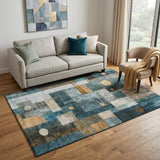5' X 8' Teal Brown And Ivory Geometric Washable Area Rug With UV Protection